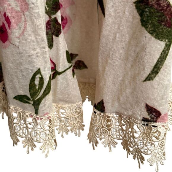 Freshman Beige & Pink Floral & Lace Trim Duster Cardigan Sweater Size M - Picture 8 of 10